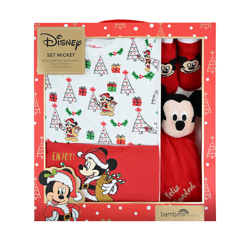 Set 4 Piezas Body, Babero Bandana, Calcetines y Tuto Amigo Mickey Navidad