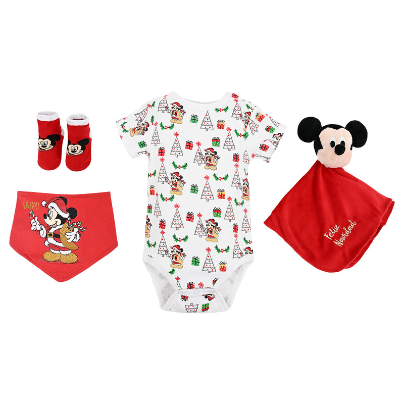 Set 4 Piezas Body, Babero Bandana, Calcetines y Tuto Amigo Mickey Navidad