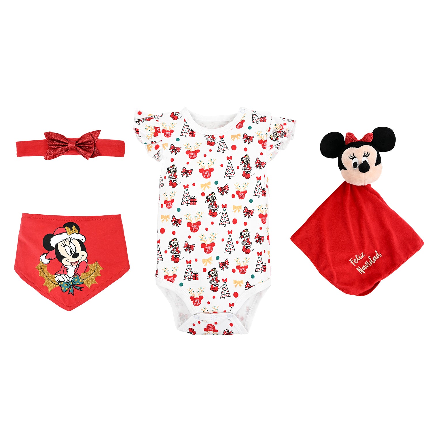 Set 4 Piezas Body, Babero Bandana, Calcetines y Tuto Amigo Minnie Navidad
