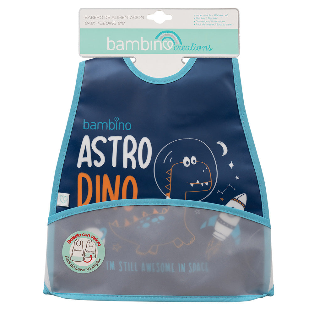Babero de alimentación impermeable peva azul dinosaurio