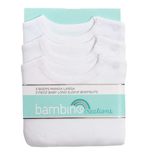 Bodys Manga Larga Set 3 Piezas 100% Algodón Básico Liso Blanco