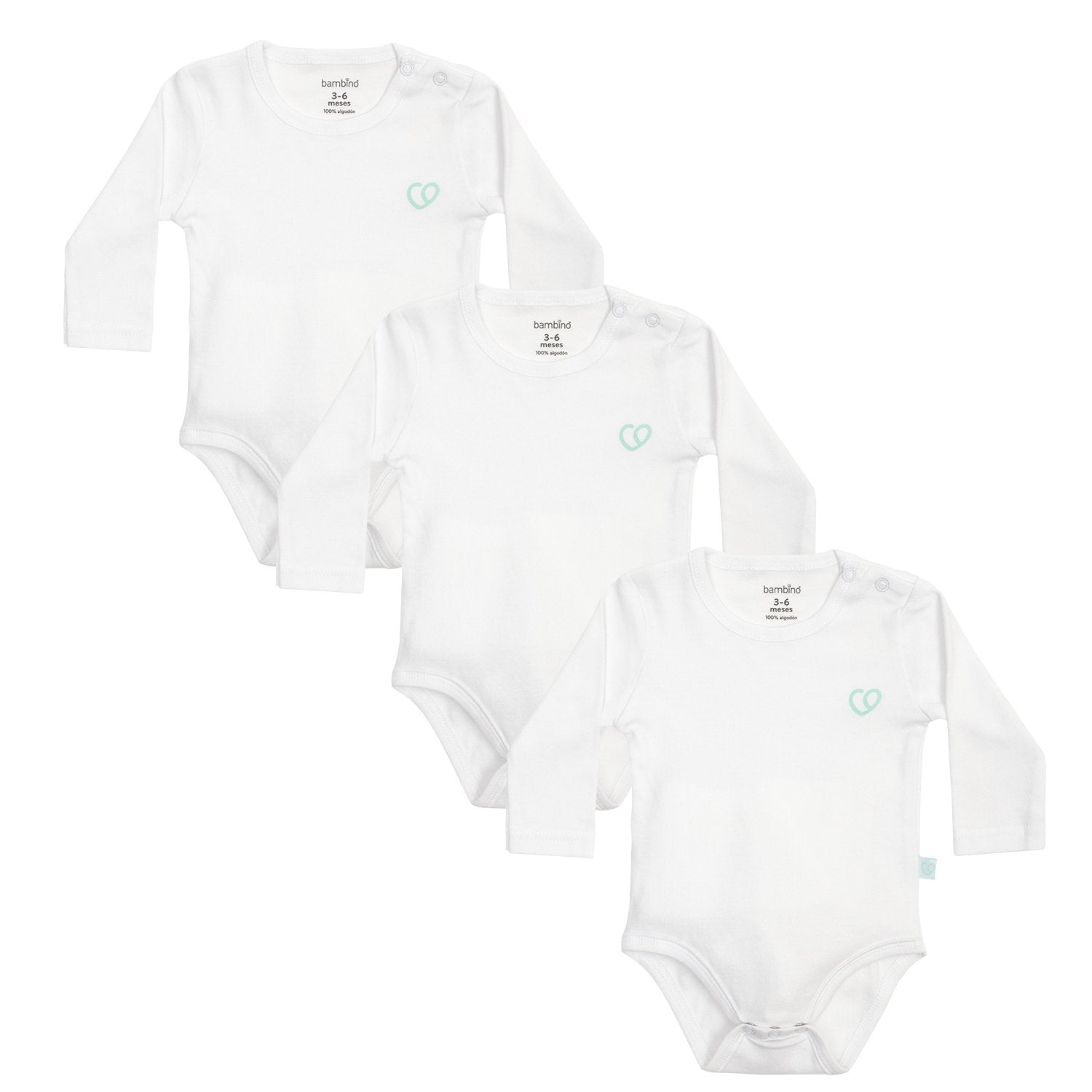 Bodys Manga Larga Set 3 Piezas 100% Algodón Básico Liso Blanco