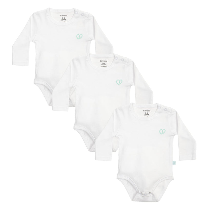 Bodys Manga Larga Set 3 Piezas 100% Algodón Básico Liso Blanco
